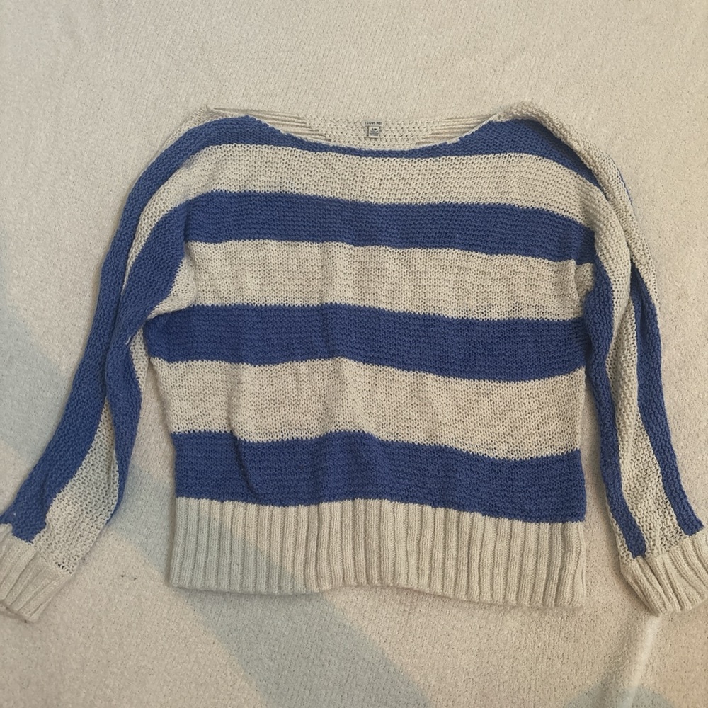 Love Blue and Cream Crew Neck Sweater with Nautical Stripes